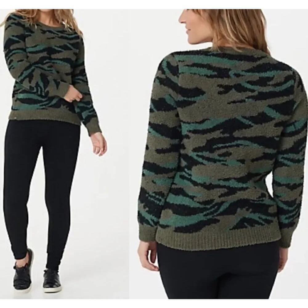Barefoot Dreams Camo Cozy Chic Sweater Pullover Crewneck Green Black Size Large